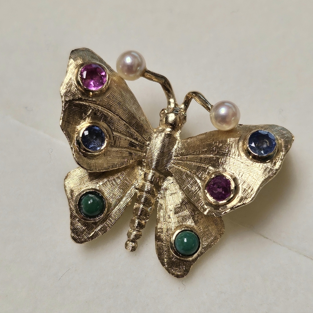 14K Gold Butterfly Brooch with Natural Gemstones